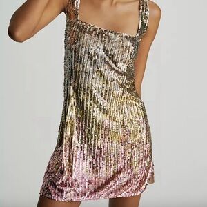 Anthropologie Let Me Be Sequin Mini Dress XS Gold Pink Ombre